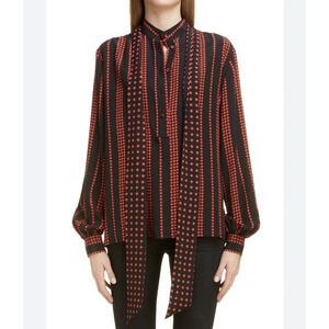 Saint Laurent Silk Stripe Star Print Blouse Sz 44 FR US 12 Black Red Seen On TV